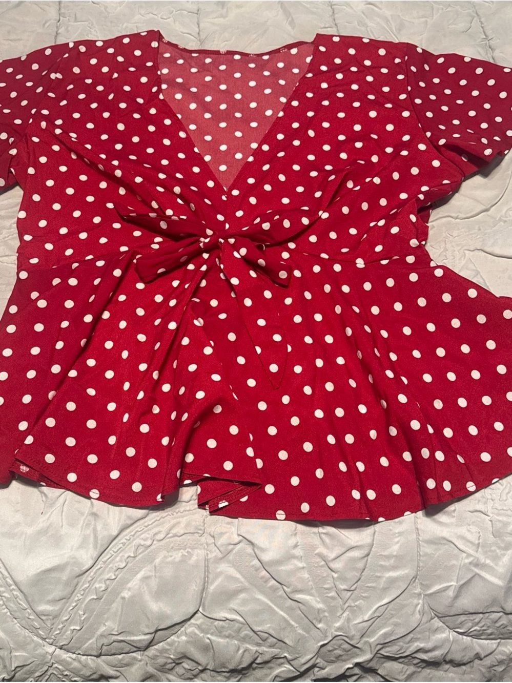 SHEIN Red Polka Dot Tie-Front Blouse